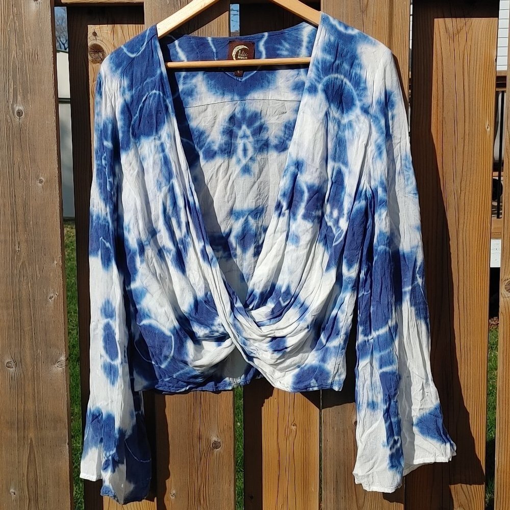 BEAUTIFUL Blu Moon Tie Dye Open Front Cross Over Blouse Flowy Arms Size …